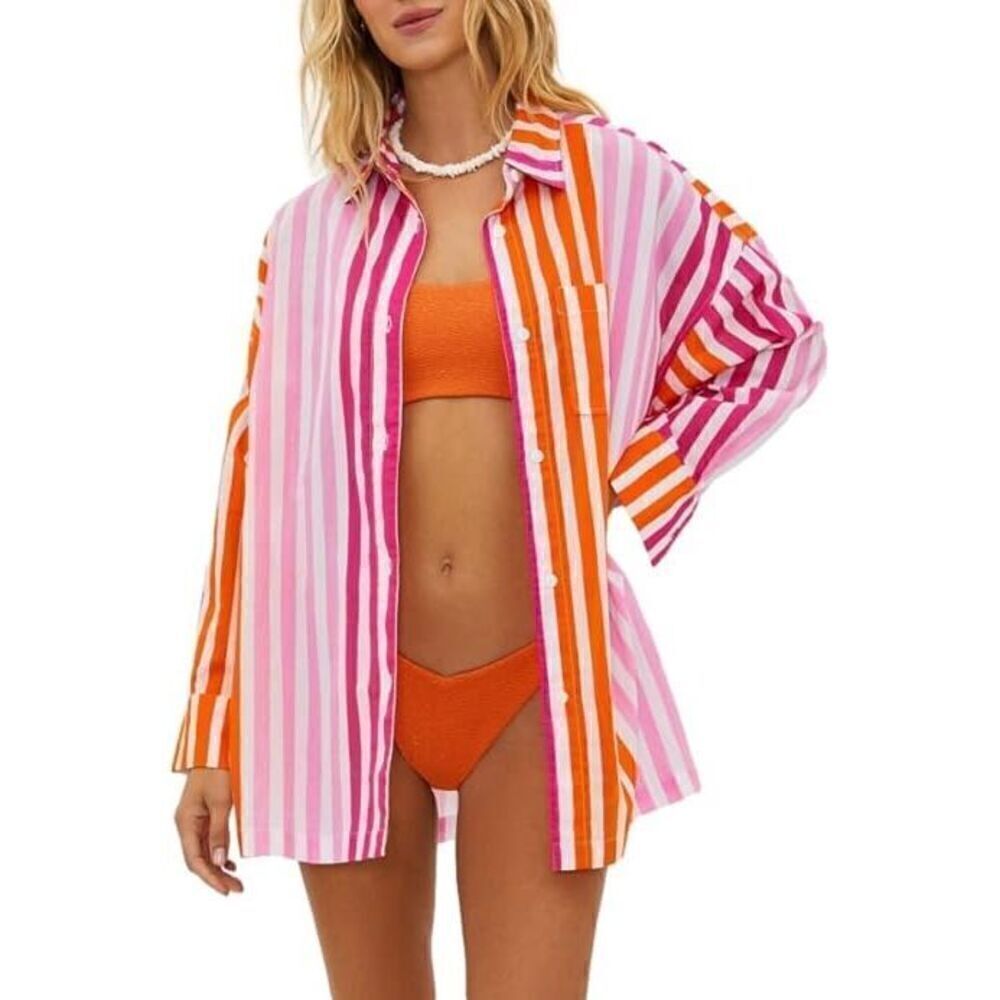 NWT BEACH RIOT Alexa Stripe Long Sleeve Cover-Up Shirt Sunset Stripes Size S / M